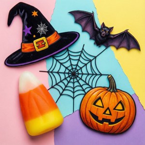 Masining na collage ng mga bagay para sa Halloween sa pastel na background