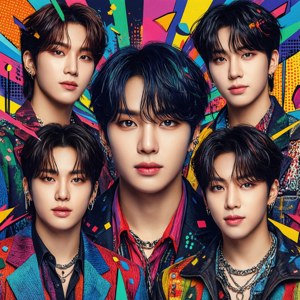 Makulay na istilong pop art na pabalat ng album na nagtatampok ng isang Kpop group