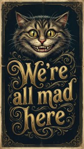 Wallpaper na may typography na nagtatampok kay Cheshire Cat at sa sipi na 'Lahat tayo ay baliw dito'. — Cheshire Cat Wallpaper