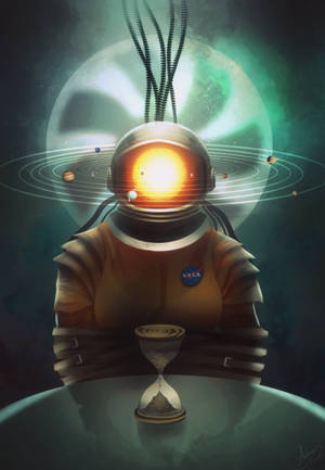 Babaeng astronaut na may solar system model sa ulo wallpaper — Space aesthetic Wallpaper