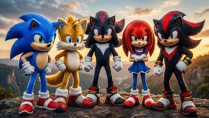 Magkakasama sina Sonic at ang kanyang mga kaibigan sa paglubog-lubog ng araw sa isang bangin. — Sonic Wallpaper