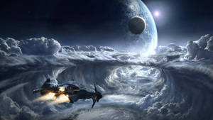 Space themed digital art ng isang spaceship wallpaper.
