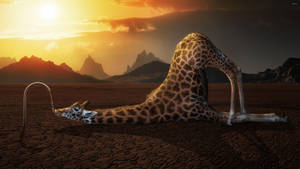 Giraffe drinking water from a faucet on the ground wallpaper.