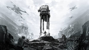 Greyscale visuals ng Star Wars Battlefront game cover wallpaper.
