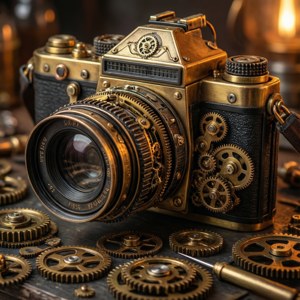 Isang steampunk na kamera na may mga gear at brass na parte sa masalimuot na detalye. — Infinix Zero Wallpaper