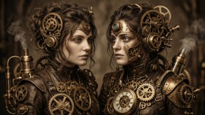 Steampunk-inspired Gemini twins na may masalimuot na mekanikal na detalye, perpekto para sa isang unikong wallpaper.