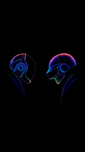 AMOLED wallpaper ng Daft Punk sa glowing na kulay ng asul, lila at berde.