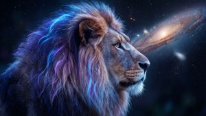 Profile ng isang leon ng kalawakan na may maningning na kiling na nakatitig sa isang malayong kalawakan. — Galaxy lion GIF Wallpaper