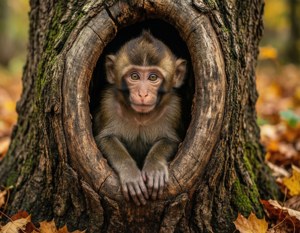 Isang makatotohanang nakatutuwang unggoy na sumisilip mula sa butas ng puno na may mga dahon ng taglagas. — Cute Monkey Wallpaper