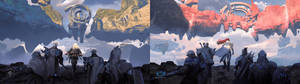 Split Dawn Gate scenes na may floating rocks dual monitor wallpaper