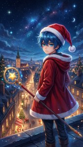 Isang batang lalaki na anime na may sombrero ni Santa sa bubungan na may tungkod na bituin