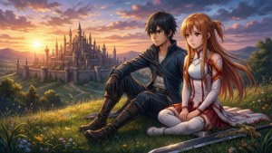 Wallpaper nina Kirito at Asuna na nag-eenjoy sa paglubog ng araw sa Aincrad — Anime couple GIF Wallpaper