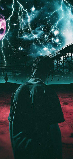 Astroworld wallpaper na may aesthetic na imahe ni Travis Scott at kidlat na background.