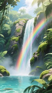 Isang maringal na anime na talon ng bahaghari na may bahaghari sa ambon. — Anime scenery GIF Wallpaper