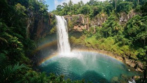Isang nakakagulat na ultrawide na talon ng tubig sa tropiko na may bahaghari at malinaw na palanguyan.