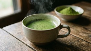 Tasa ng matcha green tea sa mesa na kahoy.