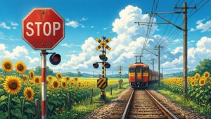 Isang anime-style na tawiran ng tren na napapaligiran ng mga sunflower field.