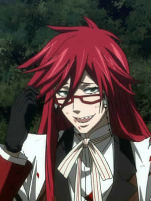 Ang flamboyant na Reaper, si Grell Sutcliff sa isang pulang background. — Galaxy Z TriFold Wallpaper