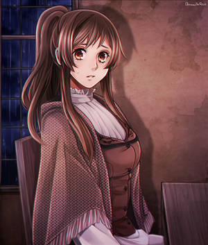 Malungkot na anime nerbiyosa na brunette na babae na nakaupo na may scarf HD wallpaper — Galaxy Z Fold 6 Wallpaper