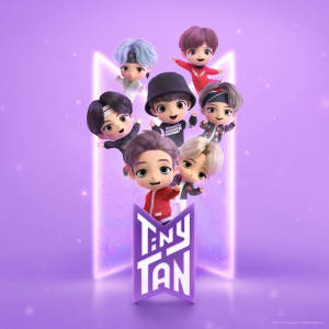 Tiny Tan BTS na may logo sa lilang background