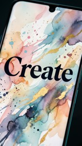 Wallpaper ng Pixel 8 na may tipograpiyang 'Create' at mga tilamsik ng watercolor