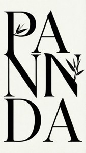 Minimalist na tipograpiyang wallpaper na may tekstong 'PANDA' at dahon ng kawayan. — Cute Panda Wallpaper