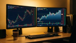 Dual monitors na may stock charts, tasa ng kape, at mainit na ilaw sa mesa