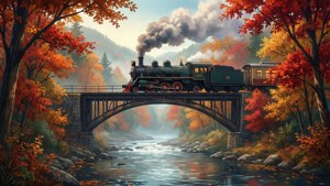 Isang nostalhikong eksenang anime ng taglagas na may tren na tumatawid sa tulay. — Anime scenery GIF Wallpaper