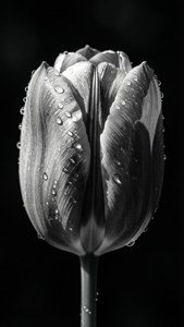 Tulip na itim at puti na may patak ng ulan, mataas na contrast, dramatikong anino, minimalist.