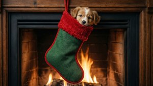 Isang maaliwalas na eksena ng medyas na Pasko na may naka-usbong na cute na tuta, sa tabi ng nagliliyab na fireplace. — Ang cute ng Pasko Wallpaper