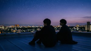 Sina Taku at Yutaka sa rooftop ng paaralan sa oras ng takipsilim