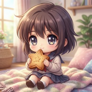 Chibi Ushio na masayang na humahawak ng isang star cookie — Infinix Zero Wallpaper