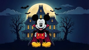 Si Mickey Mouse bilang isang bampira sa flat vector style na may haunted mansion.