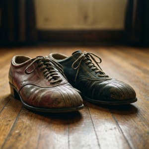 Mga klasikong bowling shoes na nakapatong sa sahig na kahoy na may nostalhikong vibe. — Galaxy Watch Wallpaper