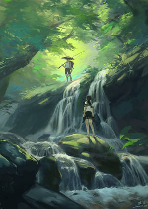 Wallpaper art ng waterfalls jungle na may lalaki at babae — Taglagas aesthetic Wallpaper