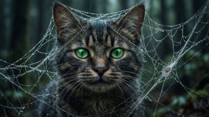 Cheshire Cat na nahuli sa sapot ng gagamba na may kumikinang na mga mata. — Cheshire Cat Wallpaper
