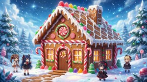Bahay na gingerbread na anime na may kendi at niyebe, estilo ng pantasya.