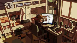 Workstation ng Babaeng Anime na may Laptop na Nailawan ng mga Anino