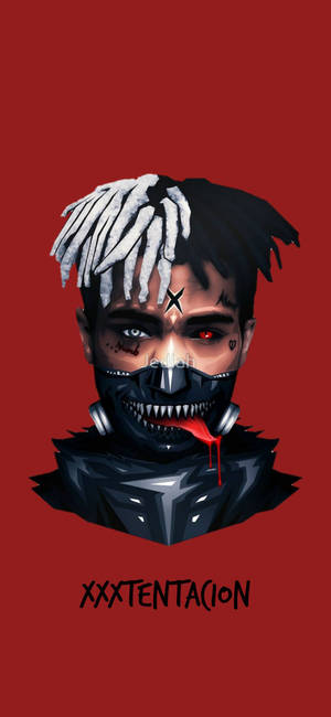 Wallpaper ni XXXTentacion na may ngiting mask at pulang backdrop.