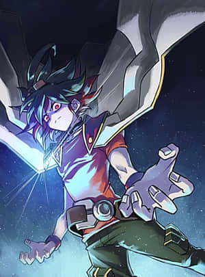 Si Yuya Sakaki na may dinamikong pose sa kanyang Duel Monsters na damit