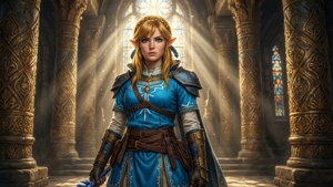 Si Zelda ay nakatayo sa isang templong may sikat ng araw, nagliliwanag ang biyaya at kapangyarihan. — Zelda Wallpaper
