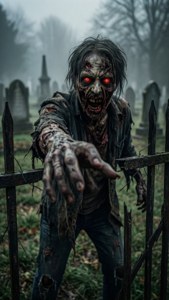 Zombi na may nagniningning na pulang mga mata sa sementeryo — iPhone 5 Wallpaper