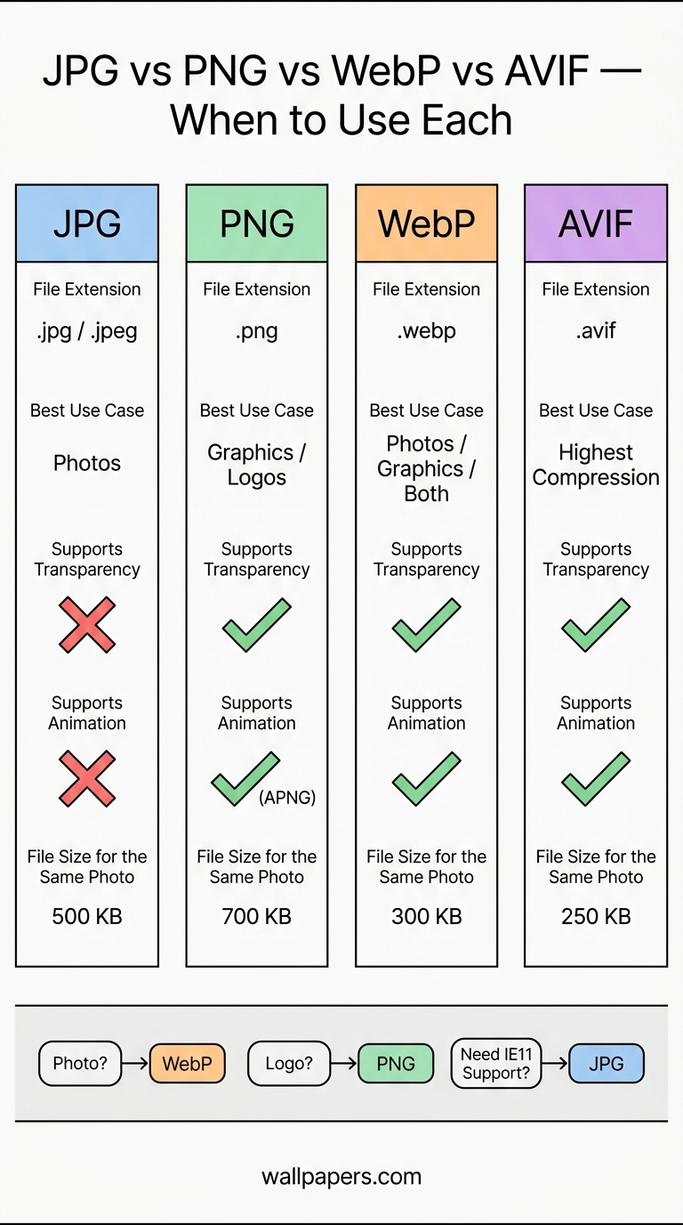Image Format Cheat Sheet — JPG vs PNG vs WebP vs AVIF infographic