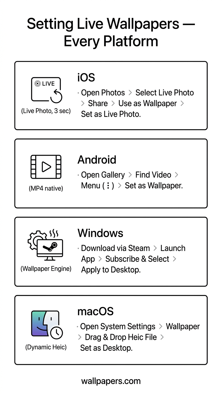 Setting Live & Animated Wallpapers — iOS, Android, Windows infographic
